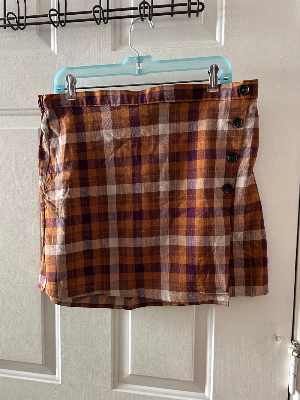 SO Plaid Mini Skirt in Rust, Purple, and Cream